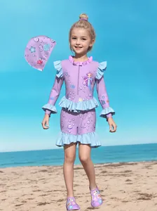 Girls Long Sleeve One-Piece Swimsuit Ruffle Mermaid Print Sun Protection Swimwear Set For Kids Toddler Beach Vacation
