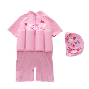 Maillot flottant rose pour enfants avec manches longues, motifs cœur et blocs de mousse
