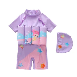 Maillot de bain flottant pour filles avec imprimé sirène et bonnet de bain assorti violet
