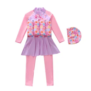Lange mouwen drijvend badpak voor meisjes met zeemeerminprint en bijpassende badmuts set