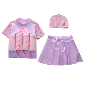 Three-piece girls' buoyancy swimsuit set with mermaid print and starfish patterns
