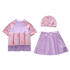 Detailed 3-piece kids buoyancy swimwear set with lavender starfish print and swim cap