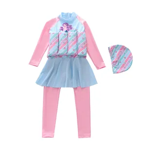 Meisjes zwempak met zeemeermin-motief, rokje en bijpassende badmuts in roze en blauw