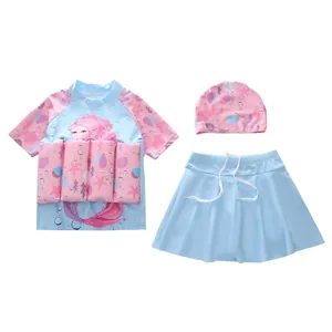 Three-piece girls mermaid buoyancy swimsuit set with pink and blue sun protection fabric