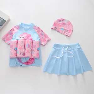 Detailed flat lay of girl's 3-piece mermaid swimsuit with built-in buoyancy foam blocks