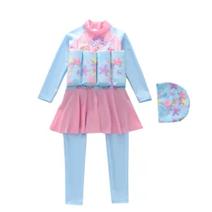 Drijvend zwempak met lange mouwen voor kinderen in roze en blauw met bloemenprint