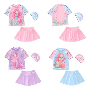 Meerjungfrau Bedruckte Kurzarm Rash Guard Bademode Oberteil Und Rock Und Hut Für Kinder Mädchen Strand Schwimmoutfits