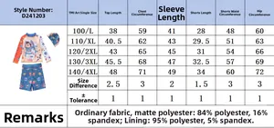 Size chart for boys' long sleeve swimsuit set with material specs and dimensions