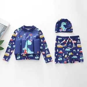 Costume da bagno tre pezzi per bambini con galleggiante e stampe di dinosauri blu