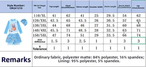 Size chart for boys' two-piece swimwear with rash guard and shorts measurement data