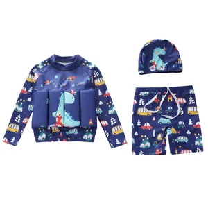 Costume da bagno tre pezzi per bambini con galleggiante integrato e stampa a dinosauri
