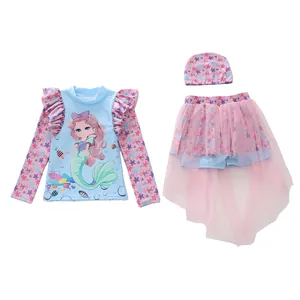 Three-piece girls mermaid swimsuit with long sleeves, swim cap, and layered tulle skirt
