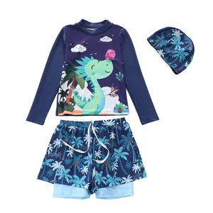 Three-piece boys' dinosaur and palm tree print long-sleeve swimwear set with cap