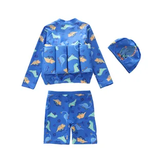 Costume da bagno 3 pezzi per bambini con stampa dinosauro e galleggianti integrati sul retro