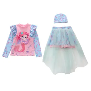Three-piece girls' long sleeve mermaid swimsuit with colorful mesh skirt and matching swim cap