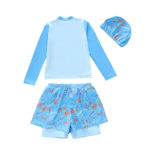 Three-piece boys long-sleeve swimwear set with sky-blue star and planet prints
