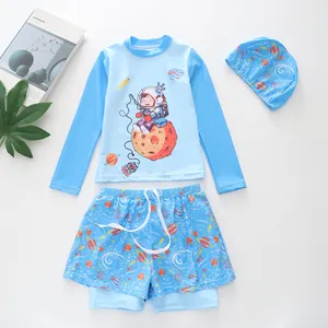 Three-piece boys' swimwear set with long sleeves and astronaut space print in light blue
