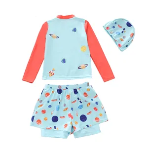 Boy's long-sleeve swimwear set featuring cartoon planet prints and coral orange sleeves