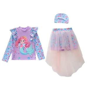 Three-piece girls' long sleeve mermaid swimwear set with colorful tutu skirt and swim cap
