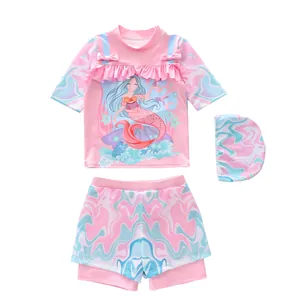 Three-piece girls' mermaid swimsuit with pink ruffles, bow knots and wave patterns
