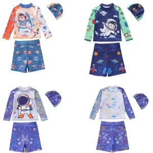 Boys Long Sleeve Rash Guard Top Shorts Hat Astronaut Space Print Swimsuit Set Kids Toddler Sun Protection Swimwear