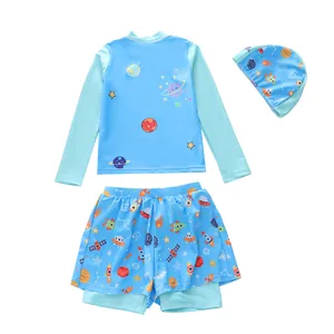 Three-piece children's swimwear set with long sleeves and cartoon space rocket pattern