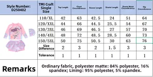 Size chart for girls mermaid swimsuit with detailed polyester fabric measurements