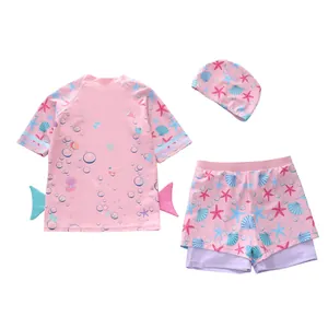 Costume da bagno a sirena tre pezzi per bambina con volant e stampe di stelle marine