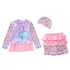Maillot de bain trois pièces pour filles motif sirène avec ourlet à volants et bonnet assorti