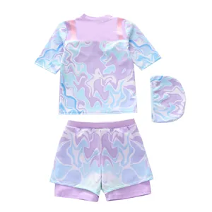 Three-piece purple mermaid wave print kids swimsuit with breathable mesh and zip top