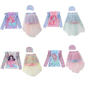 Kids Girls Mermaid Swimwear Long Sleeve Sun Protection Rash Guard Mesh Skirt Swimming Cap Cartoon Beachwear Bathing Suit