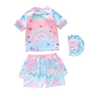 Meisjes zeemeermin bikini set met ruches en regenboogprint inclusief bijpassende badmuts
