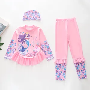 Ensemble maillot de bain sirène rose à manches longues pour filles avec ourlet volanté et bonnet