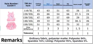 Detailed size chart for girls' mermaid unicorn two-piece ruffle swimsuit with measurements