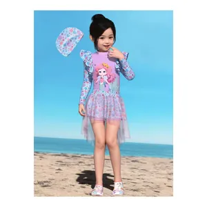Girls mermaid swimsuit set with long sleeve tiered mesh skirt and matching swim cap