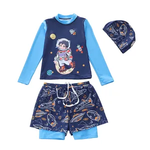Three-piece boys' swimsuit set with long sleeves and cartoon astronaut space pattern