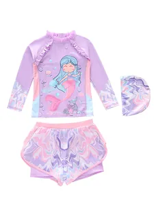 Detailed flat lay of three-piece girls mermaid swimsuit set with ruffled long sleeve top