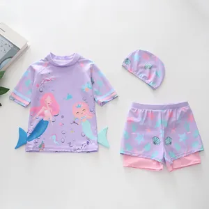 Set costume da bagno tre pezzi a sirena per bambina con top lilla, pantaloncini e cuffia