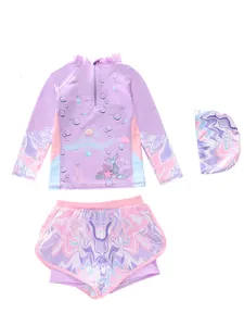Three-piece girls mermaid swimsuit set with long sleeve sun protection top and wave pattern shorts