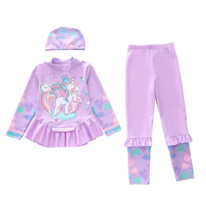 Maillot de bain 3 pièces licorne pour fille avec haut manches longues, pantalon et bonnet