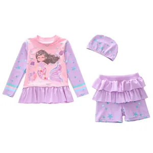 Maillot de bain trois pièces pour filles à manches longues avec motif sirène et volant