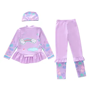 Ensemble maillot de bain 3 pièces sirène pour filles avec manches longues et volants