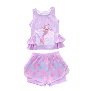 Two-piece lavender girls' mermaid swimsuit set with ruffled hem and sea life prints