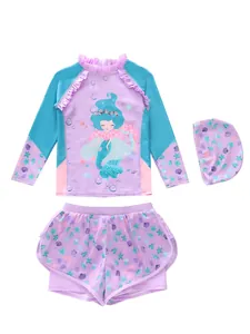 Three-piece girls' mermaid swimsuit set with long sleeve top, ruffled shorts and swim cap
