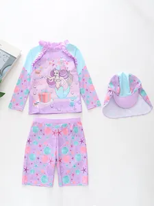 Three-piece girls mermaid swimsuit set with long sleeves and shell pattern in soft purple