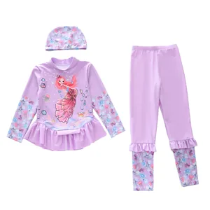 Maillot de bain sirène trois pièces pour fille avec manches longues et pantalon lavande