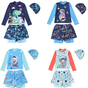 Boys Dinosaur Astronaut Cartoon Print Long Sleeve Rash Guard And Swim Trunks And Swimming Cap Kids Sun Protection Beach Bathing Suit