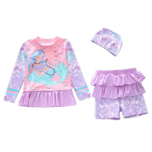 Maillot de bain 3 pièces fille sirène à manches longues avec ourlet à volants et bonnet