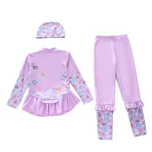 Maillot de bain trois pièces lilas pour enfant avec manches longues et volants doux