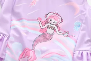 Close-up of mermaid print with ruffles on purple girls' high-elastic swimwear